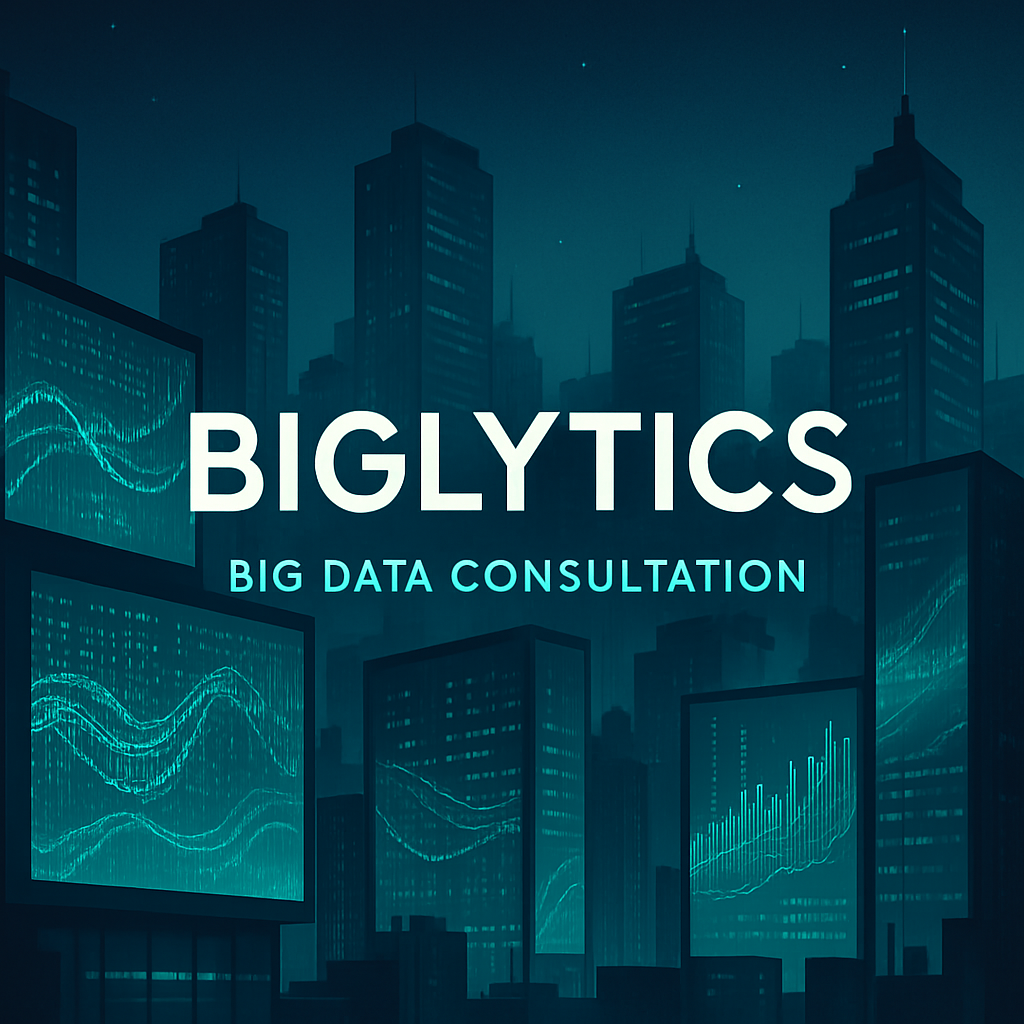 Create a striking banner for biglytics showcasing the theme of big data consultation The design should feature a futuristic cityscape illuminated by d Create a striking banner for biglytics showcasing the theme of big data consultation The design should feature a futuristic cityscape illuminated by d